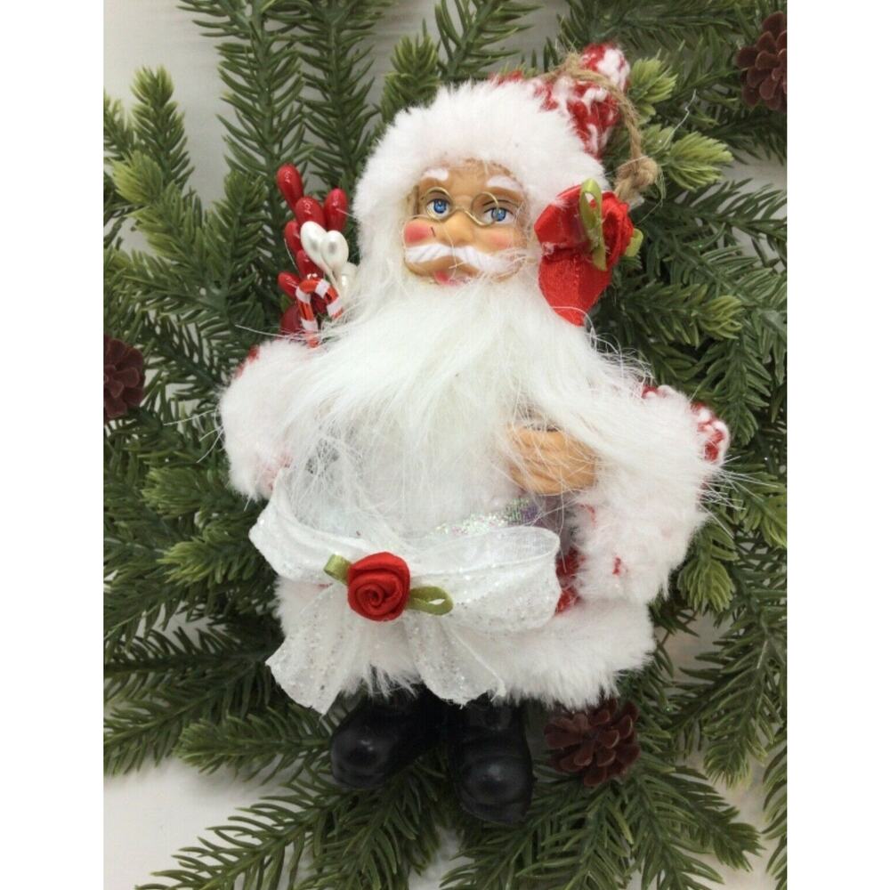 Santa Claus Christmas Ornament Red & White Plaid Hand Decorated - Picture 3 of 7
